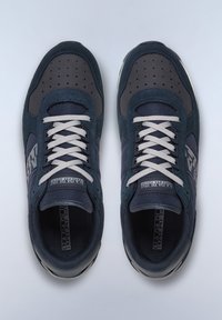 Dark blue sneakers featuring a mix of suede and textile materials, perforated toe area, grey laces, and logo accents on the sides.