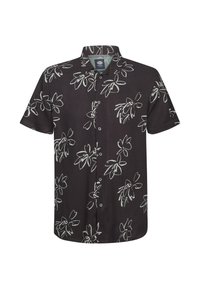 Koszula z krótkim rękawem z czarnej tkaniny z białym kwiatowym wzorem, zapinana na guziki, z kołnierzykiem. Miękka w dotyku, o regularnym kroju.
