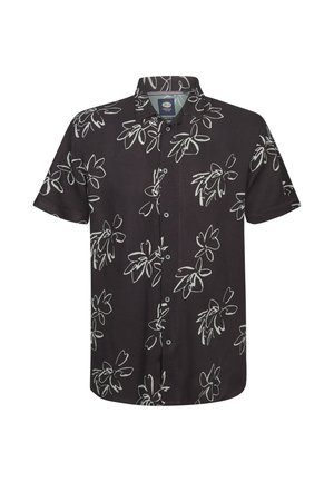 Chemise à manches courtes en tissu noir à motif floral blanc, design boutonné et col. Texture douce, coupe régulière.