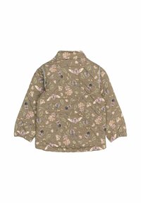 Roheline tikandiga jope lille- ja putukamustritega, millel on krae, pikad varrukad ja elastsed mansetid.