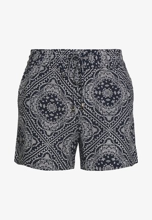 Marineblaue Shorts mit einem weißen Paisley-Muster, ausgestattet mit einem elastischen Bund und einer Kordel zur Anpassung der Passform. Hergestellt aus leichtem Material.