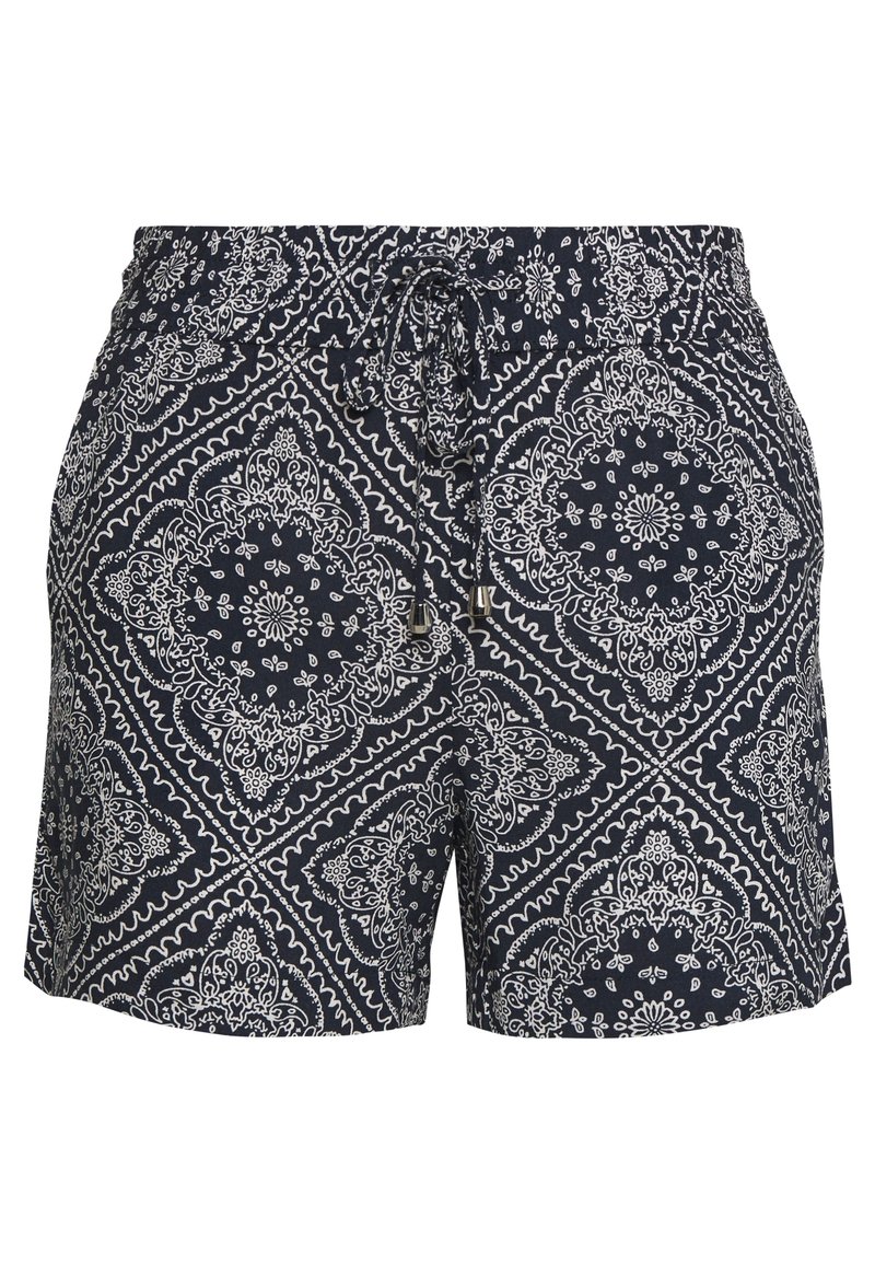 Pantaloni corti blu navy con un motivo paisley bianco, dotati di una vita elastica e un cordino per una vestibilità regolabile. Realizzati in tessuto leggero.
