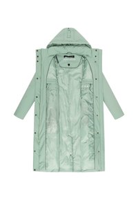 Giacca impermeabile verde menta con cappuccio, bottoni a pressione e tasche interne. Materiale leggero con una texture liscia e lucida.
