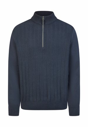 Marineblauer, gerippter Strickpullover mit langen Ärmeln und einem halbzippbaren Kragenverschluss.