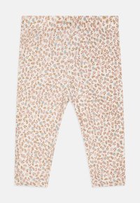 Blumenleggings aus weißem Stoff mit einem Muster aus rosa und blauen Blumen sowie braunen Blättern. Elastischer Bund für einen bequemen Sitz.