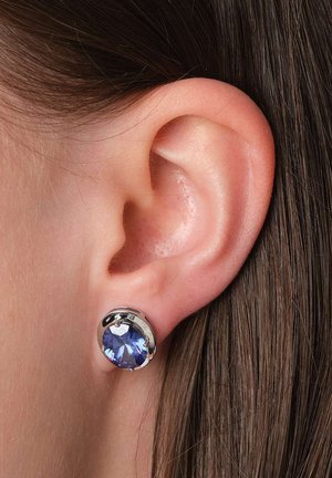 Runde silberne Ohrringe mit einem großen blau-lila Edelstein, der eine glatte Oberfläche und ein einfaches, elegantes Design aufweist. Im Vergleich zu einem benachbarten Ohr.
