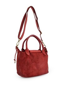 Red leather handbag with textured surface, dual handles, detachable shoulder strap, and gold-tone hardware accents.