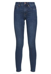 Jeans skinny in denim blu scuro, con vita alta, leggeri sbiadimenti, cinque tasche e accenti in hardware bronzo.