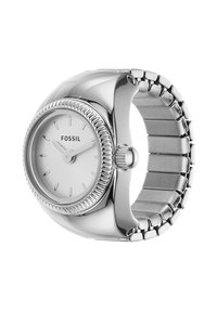 Silberne Metalluhr mit rundem Gehäuse und strukturiertem Rahmen. Besitzt ein minimalistisches weißes Zifferblatt, Stundenmarker und ein Armband aus Edelstahl.