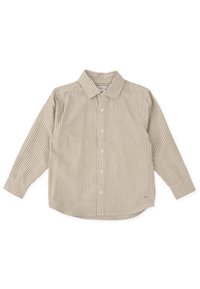 Camisa de manga larga a rayas en marrón claro y crema, con cierre de botones en el frente, cuello puntiagudo y dobladillo redondeado. Presenta botones blancos y detalles en los puños.