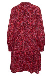 Abito rosso e viola con fantasia, maniche lunghe, vita arricciata e vestibilità ampia. Presenta un collo rotondo e un tessuto morbido e leggero.