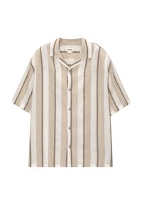 Camicia a maniche corte beige e bianca a righe, con bottoni frontali, colletto, realizzata in tessuto leggero con una finitura texturizzata.