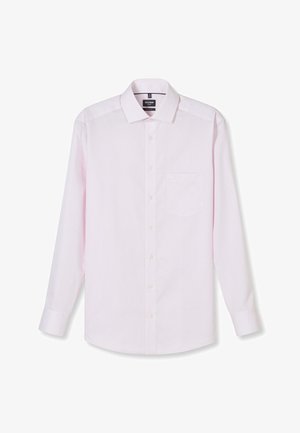 Hellrosa langärmliges Hemd mit dezenten vertikalen Streifen, Brusttasche und klassischem Kragen.