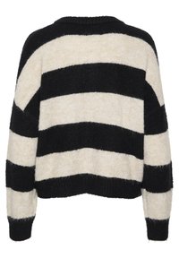 Svart- och gräddstrimmig tröja med en bred, kort design. Mjuk, texturerad tyg med horisontella ränder och ribbade ärmslut.