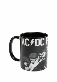 Tazza in ceramica nera con stampe grafiche degli AC/DC in bianco, raffigurante musicisti con cappelli, sfondo nero e finitura lucida.