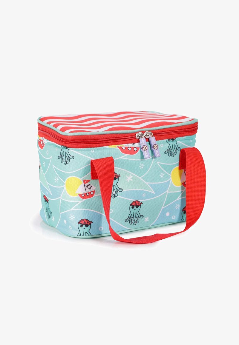 Isolierte Lunch-Tasche mit einem hellblauen Druck von einem Oktopus und einem Boot, rotem gestreiften Oberteil, rotem Reißverschluss und roten Griffen. Hergestellt aus strapazierfähigem Stoff.
