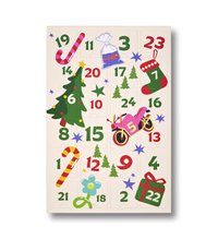 Julekalender med festlige illustrationer, herunder træer, pebermynte-stænger, en motorcykel og farverige stjerner på en lys baggrund.