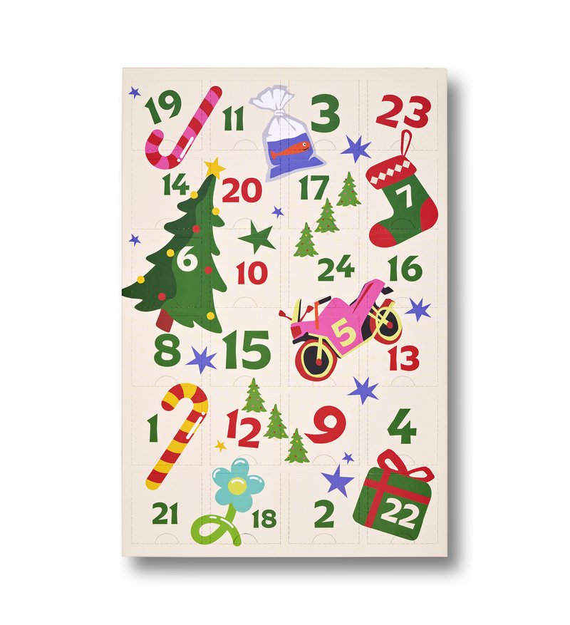 Kalendarz adwentowy z świątecznymi ilustracjami, w tym drzewkami, cukierkami w kształcie laski, motocyklem i kolorowymi gwiazdami na jasnym tle.