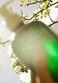 Grüne Glasflasche mit schlanker Form, im Sonnenlicht präsentiert und teilweise von Blättern verdeckt, mit einem weichen, verschwommenen Hintergrund.