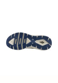 Suela de zapato deportivo en azul oscuro y blanco, con un patrón texturizado para tracción, con canales prominentes y secciones reforzadas.