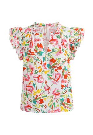 Witte blouse met meerkleurig abstract bloemmotief, korte geplooide mouwen en een kleine V-halsopening met geplooide halslijn.