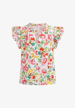 Biała bluzka z wielokolorowym abstrakcyjnym kwiatowym wzorem, krótkimi falbankowymi rękawami i małym dekoltem w kształcie litery V z marszczonym kołnierzem.