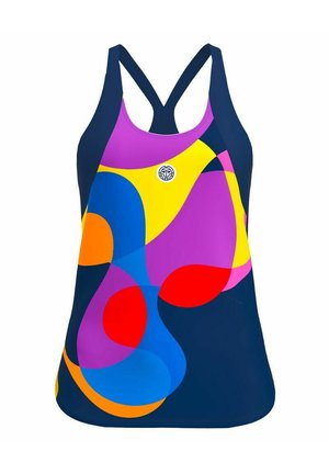 Racerback-Badeanzug in Marineblau mit lebhaften abstrakten Mustern in Pink, Gelb, Blau, Rot und Orange. Glattes, dehnbares Material. Runder Logo-Akzent.