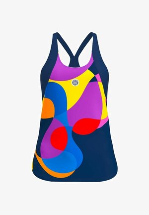 Racerback-Badeanzug in Marineblau mit lebhaften abstrakten Mustern in Pink, Gelb, Blau, Rot und Orange. Glattes, dehnbares Material. Runder Logo-Akzent.