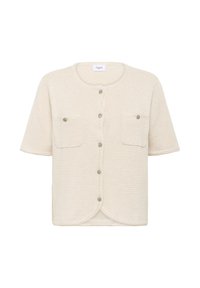 Korte mouwen cardigan, crème gestructureerde stof, ronde halslijn, twee voorzakken met zilveren knoopaccenten en een subtiele vlechtontwerp.