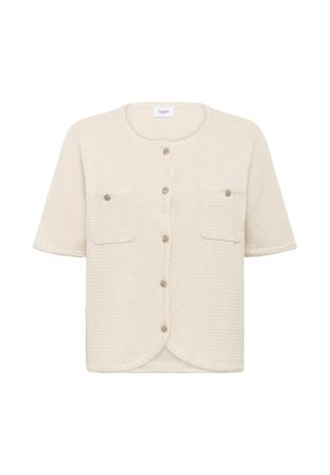 Korte mouwen cardigan, crème gestructureerde stof, ronde halslijn, twee voorzakken met zilveren knoopaccenten en een subtiele vlechtontwerp.