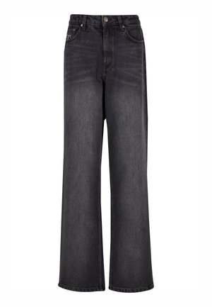 Schwarze Denim-Jeans mit weitem Bein und glatter Textur, mit hoher Taille, seitlichen Taschen und einer Knopfverschluss.