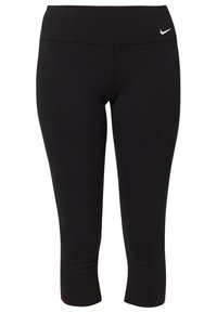 Leggings deportivas negras cortas con cintura alta y pequeño logo de Nike en blanco en el lado izquierdo.