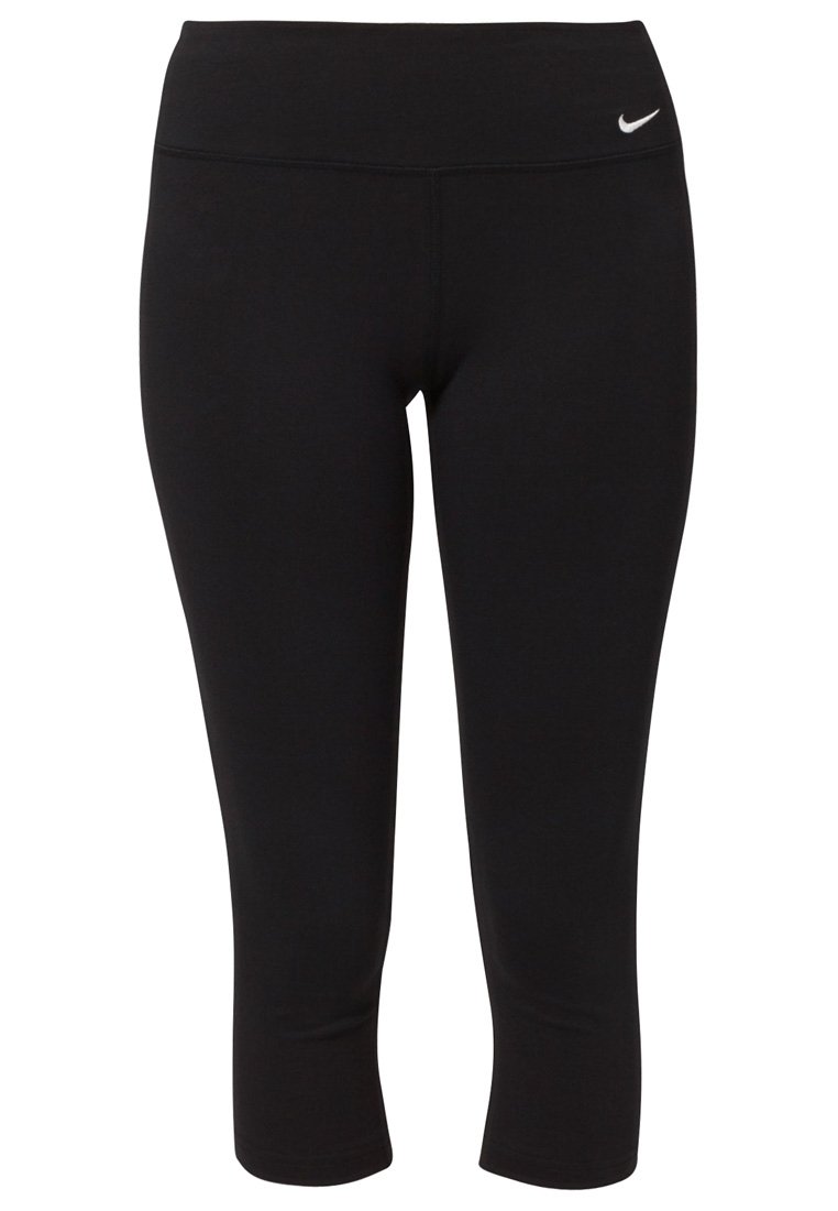 Leggings deportivas negras cortas con cintura alta y pequeño logo de Nike en blanco en el lado izquierdo.