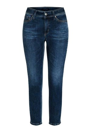 Ciemnoniebieskie, dopasowane dżinsy z przodu zapinane na guzik i zamek, z projektem pięciokieszeniowym.