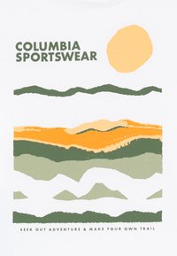 White T-shirt featuring Columbia Sportswear logo at the top, with abstract mountain and sun designs in green, orange, and yellow tones.