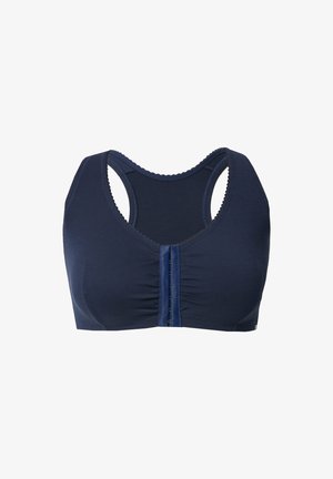 Granatowy stanik sportowy wykonany z miękkiego materiału, z okrągłym dekoltem, szerokimi ramiączkami, z zapięciem z przodu na haczyki oraz marszczeniem w centralnej części.