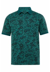 Zelená polo košile s černým květinovým vzorem, má límeček a krátké rukávy. Je vyrobena z texturované látky a má sportovní design.