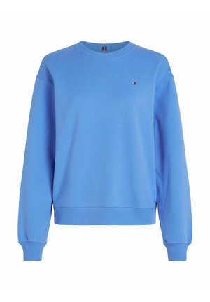 Sweat-shirt bleu clair col rond avec manches longues et petit logo rectangulaire sur la poitrine gauche et le col intérieur.