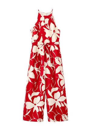 Mono rojo sin mangas con piernas anchas y estampado grande de flores blancas, con cuello alto y cinturón para atar en la cintura.