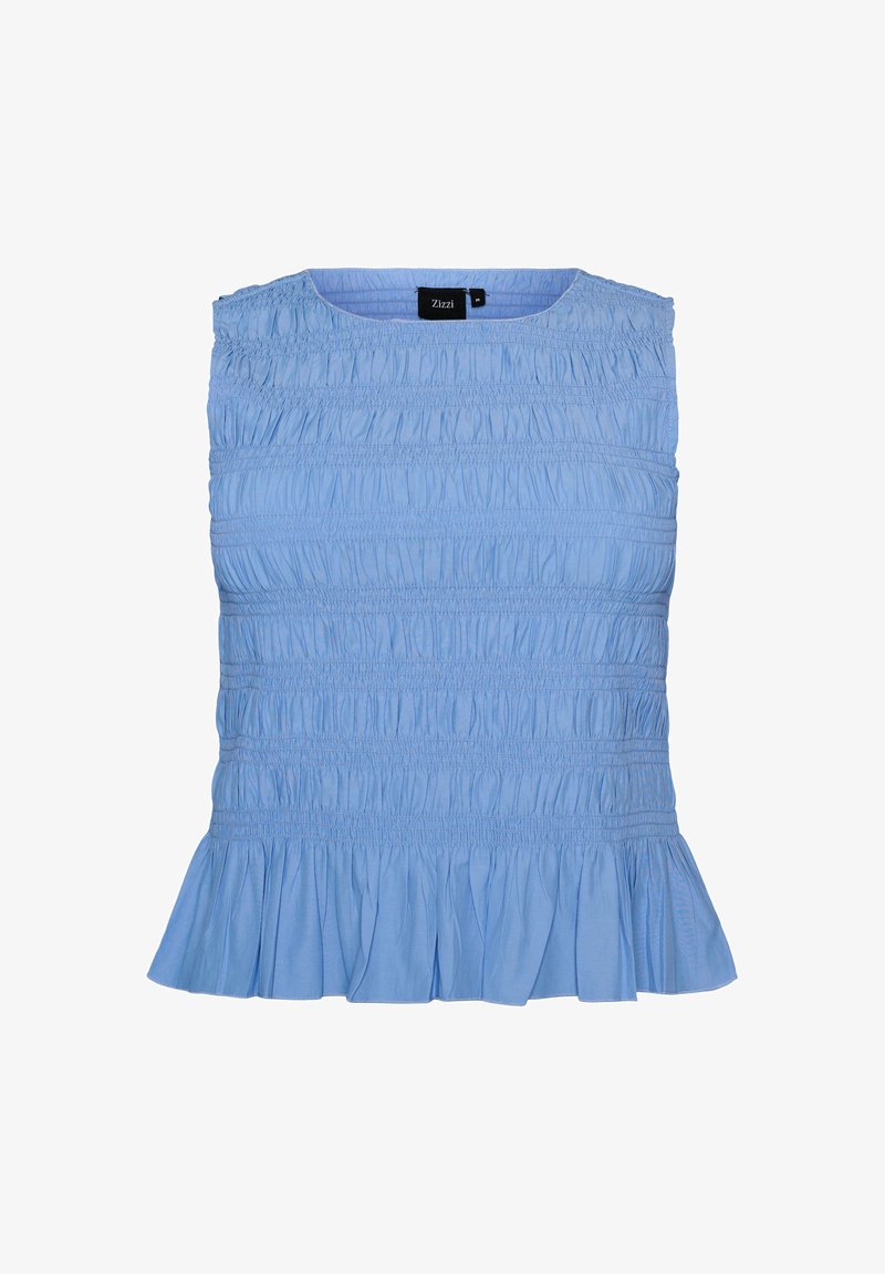 Top bleu clair sans manches avec des coutures horizontales froncées et un ourlet à volants, doté d'un col rond et d'une étiquette de marque noire à l'intérieur.