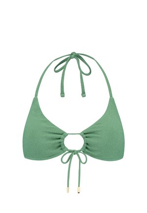 Top bikini verde a bretelle con finitura testurizzata, caratterizzato da un'apertura a chiave al centro e lacci regolabili con accenti dorati.