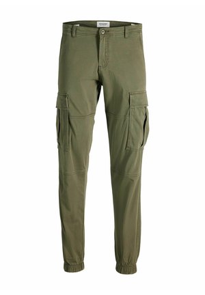Olive green cargo pants made of soft fabric, featuring side pockets, elastic ankle cuffs, and a classic fitted design.