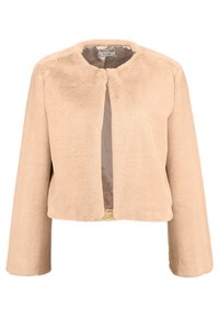 Beżowa krótka kurtka z sztucznego futra z okrągłym dekoltem, długimi rękawami i bez zapięcia, z gładką podszewką.
