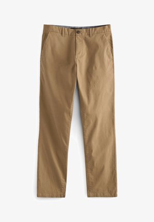 Béžové chino nohavice vyrobené z bavlny, s plochým predným strihom, dvomi bočnými vreckami a zipsom s jedným gombíkom na zapínanie. Hladký povrch.