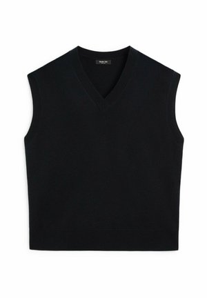Sort ærmeløs strikvest med V-halsdesign, der har en glat overflade og ribbede kanter. En simpel, minimalistisk stil uden mønstre.