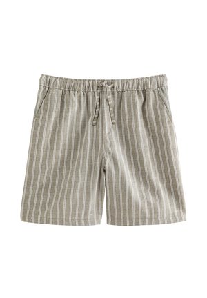Shorts en coton gris clair avec rayures verticales blanches, taille élastique, cordon de serrage et poches latérales.