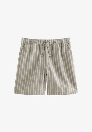 Jasnoszare bawełniane szorty z białymi pionowymi paskami, elastycznym pasem, sznurkiem do wiązania i kieszeniami po bokach.