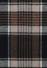 Woolowa tkanina w kratę z brązowymi, czarnymi i białymi kwadratami o różnej grubości. Miękka w dotyku, z klasycznym wzorem w kratkę.