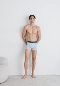 Helle blaue Boxershorts mit einem schwarzen Bund, der den Markennamen trägt. Glattes Material und enganliegendes Design, auf einem oberkörperfreien Modell.