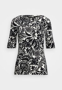 Black and white floral patterned short-sleeve top with boat neckline and a fitted silhouette.